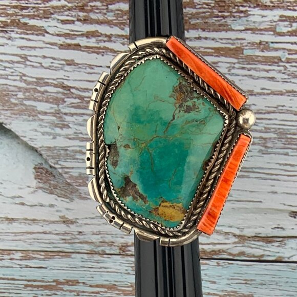 Native American Jewelry - Huge Turquoise & Spiny Oyster Sterling Silver Navajo Native American Vtg Ring